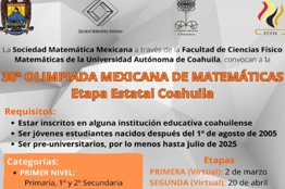 La UAdeC y la Sociedad Matemática Mexicana Convocan a Participar en la 38ª Olimpiada Mexicana de Matemáticas Etapa Estatal Coahuila